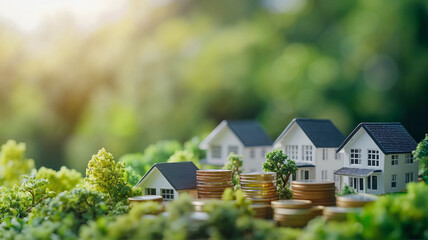 Miniature houses and coin stacks in green landscape