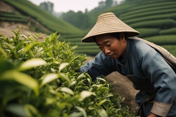 Tea Picking Worker Harvesting Leaves in Garden. A close-up of a tea worker harvesting leaves in a lush green tea garden with focus on fresh tea shoots.
