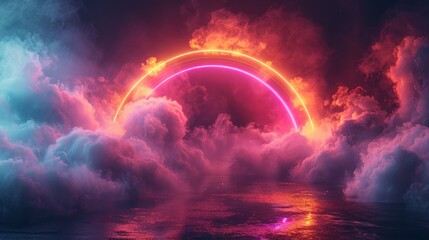 A glowing neon ring rises above a sea of clouds with a reflective surface beneath.