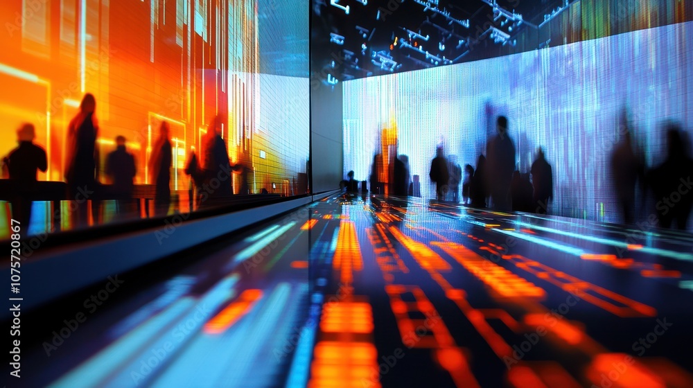 Poster abstract representation of technology with silhouettes and vibrant digital patterns.