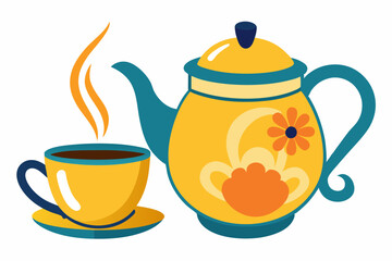 Teapot and cup set, isolated on white vector art illustration 