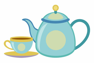 Teapot and cup set, isolated on white vector art illustration 