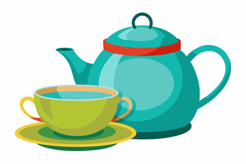 Teapot and cup set, isolated on white vector art illustration 