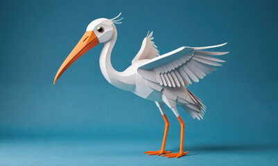 A white origami bird with orange legs and beak stands on a blue background with its wings spread wide