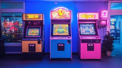 Vibrant Neon Retro Arcade with Classic Game Machines, Colorful Screens, and a Cozy Gaming Atmosphere for Nostalgic Fun and Entertainment