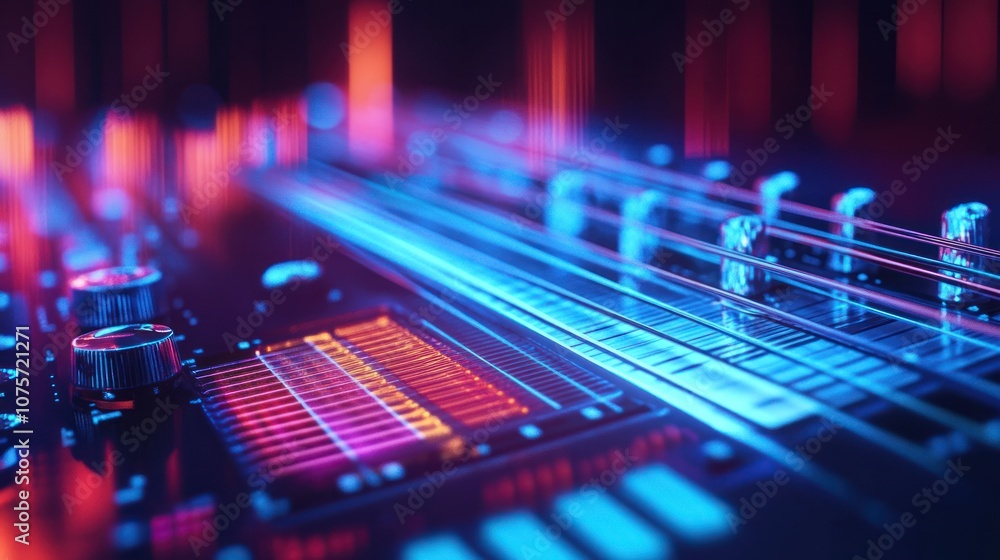Poster a close-up view of a digital audio mixer with vibrant lights and controls.