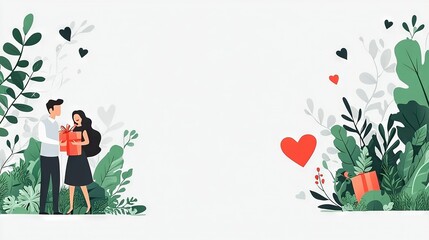 Fototapeta premium A man and woman stand beside plants on a white background with a heart in the foreground