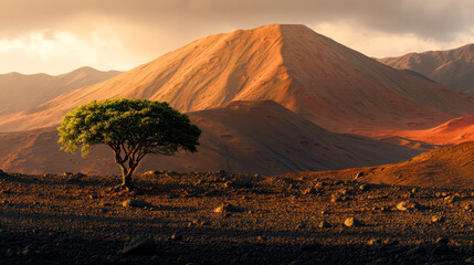 Green tree on lifeless Mars-like planet, concept of extraterrestrial life, colonization of another planets