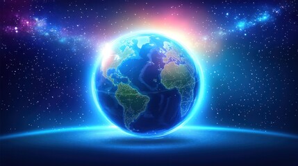 A glowing Earth in space, surrounded by stars and cosmic elements.