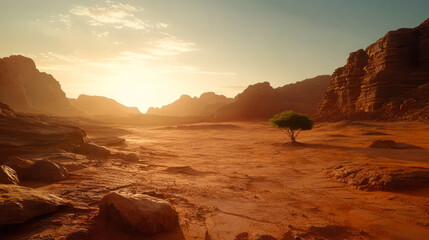 Unreal image of a tree on Mars, concept of extraterrestrial life