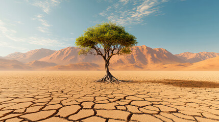 Green tree in barren Martian landscape, concept of extraterrestrial life