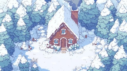 Cozy Winter Cottage Surrounded by Snowy Trees in a Serene Forest Landscape, Perfect for Evoking Holiday Spirit and Tranquil Mountain Getaway Ambiance