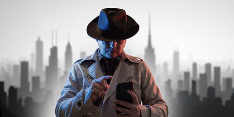 private retro detective spy in noir style concept of investigation and search
