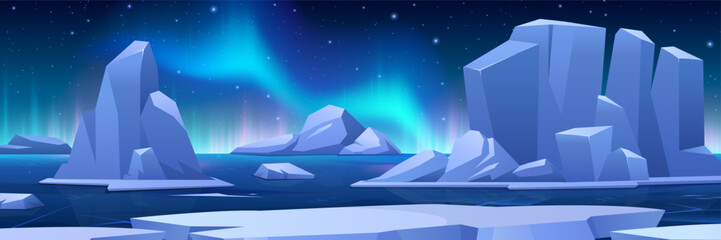 Northern winter horizontal landscape. Vector illustration of snowy Arctic polar landscape with aurora borealis, frozen ocean, icebergs, glaciers. Northern lights in starry sky. Panoramic cold nature