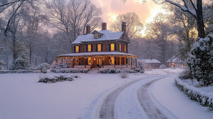 Obraz premium country house decorated for christmas on snowy street, traditional architecture, winter road, trees, frost, park, nature, residential area, new year wallpaper