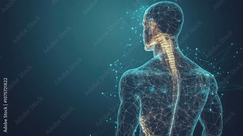 Poster a digital representation of a human figure highlighting the spinal structure and neural connections.