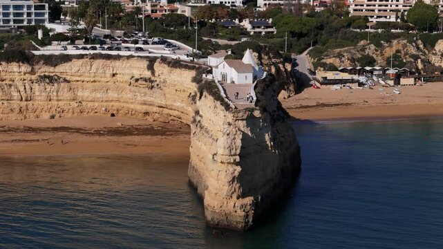 Aerial drone panoramic views of Praia Nova and Praia de Nossa beach, Algarve, Portugal