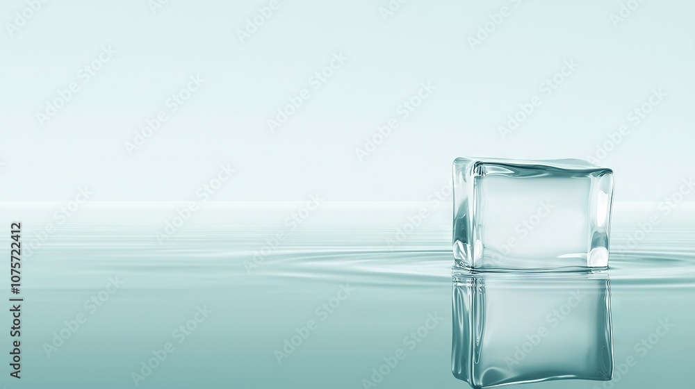 Poster an ice cube floating above water's surface and reflecting in its depth