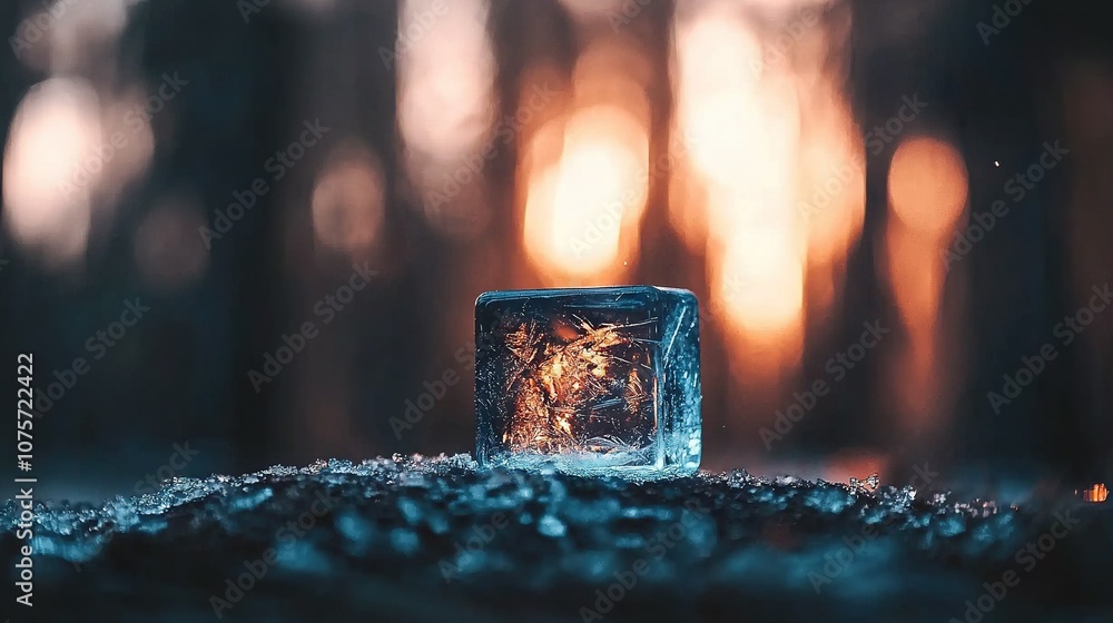Poster an ice cube atop a snowy forest floor surrounded by trees in the background