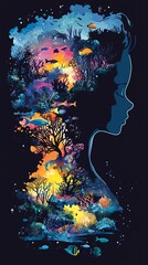 Fototapeta premium Child's silhouette merged with underwater scene, marine life and coral reefs visible within the outline, magical atmosphere