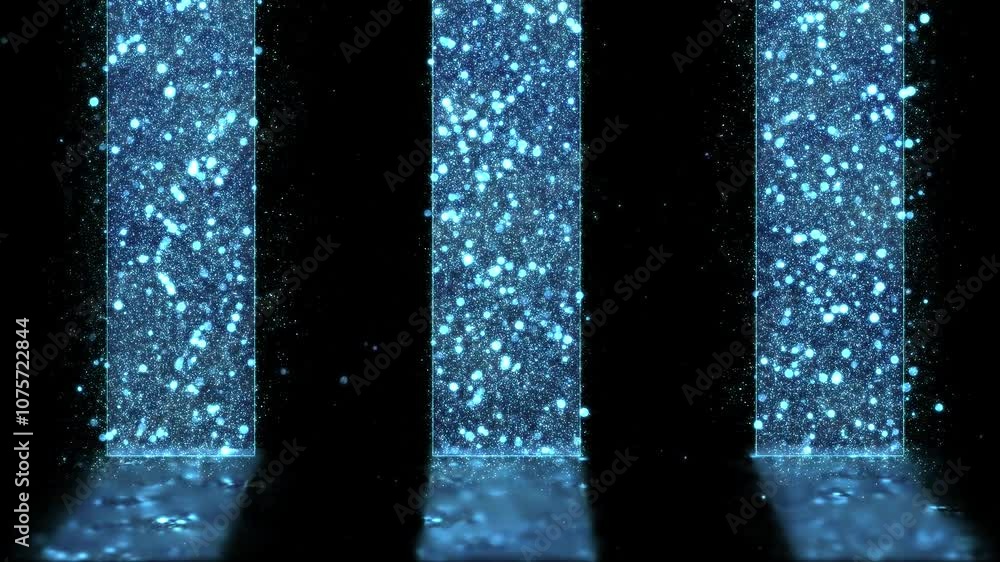 Wall mural blue particles three vertical column frame with reflection floor, alpha channel, loop background