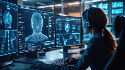 Naklejka premium A person analyzes digital data on multiple screens, showcasing advanced technology.