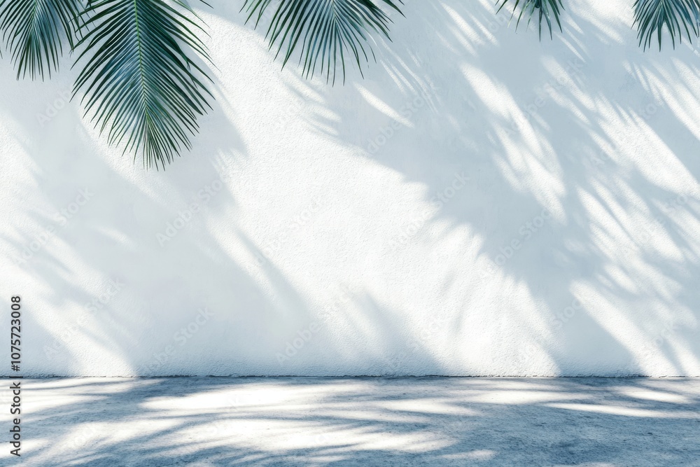 Poster the minimalist design features white walls that reflect shadows from palm trees, while the empty flo