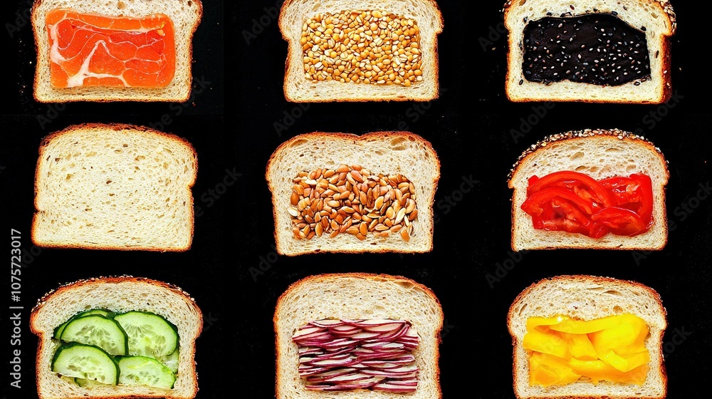 Poster different bread types topped with various ingredients on each slice and side