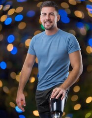 Smiling Young Man with Prosthetic Leg Against Festive Bokeh Lights
