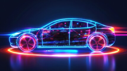 A futuristic neon car illustration, showcasing digital elements and vibrant colors.