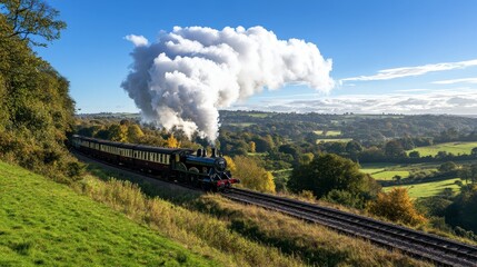 Vintage Steam Locomotive Puffing Along Scenic Countryside with Lush Greenery and Dramatic Blue Sky in the Background, Capturing a Moment of Nostalgia and Beauty