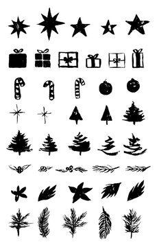 Modern Christmas icons elements Ornaments set, Tree, Stars, Ball, Candy cane, present Watercolor Stroke texture