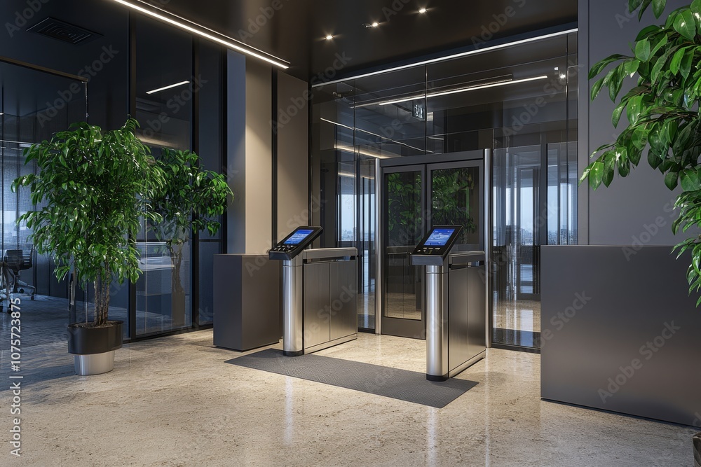 Aufkleber futuristic office entrance featuring automated turnstile gates for secure access control and monitor