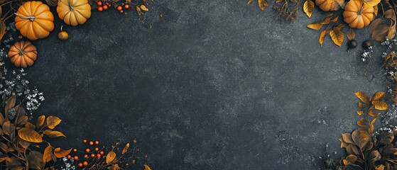 This autumn scene showcases pumpkins, colorful leaves, and red berries against a dark background, ideal for celebrating seasonal festivities and Thanksgiving traditions with loved ones