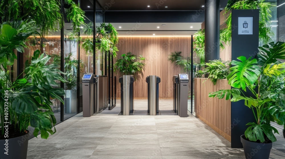 Aufkleber a modern office entrance with automated turnstile gates, surrounded by greenery, creating an invitin