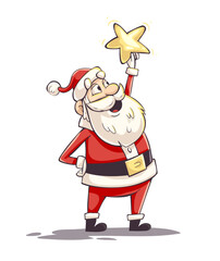 Cartoon Santa Claus character holding a shining star in the hand. Twinkle little as symbol of Christmas Eve Holiday Happy Ney Year celebration. Clipart Isolated white background. Vector illustration