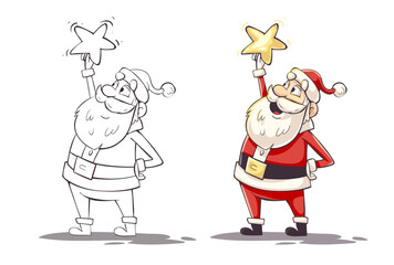 Cartoon Santa Claus character holding a shining Star in the hand. Twinkle little star symbol of Christmas Holiday, Happy New Year celebration. Clipart for coloring book. Isolated. Vector illustration.