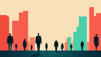 Silhouetted figures walk toward stylized city skyscrapers in vibrant colors, representing urban life and human connection in a contemporary setting.