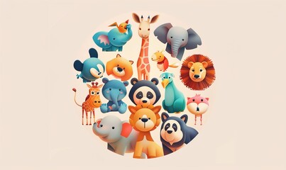 Naklejka premium Realistic cartoon of cute zoo animals with adorable faces and simple modern background ai generated