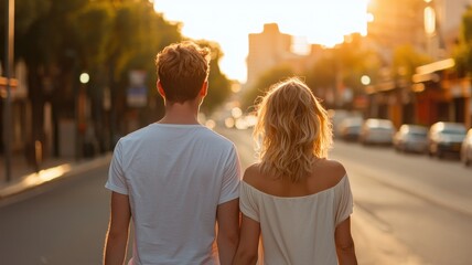 A couple walks hand in hand on a serene street at sunset, capturing a moment of connection and romance.