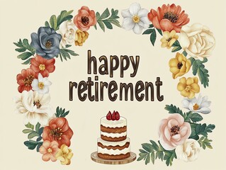 retirement card for coworker at workplace, vintage flower pattern with layered cake on beige background