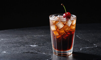 A glass of cola with ice and a cherry on top sits on a black marble surface