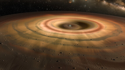 A beautiful protoplanetary disk with dust and an accretion ring surrounds a young star, set against the vast, serene universe.