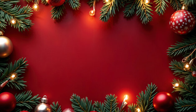 A festive Christmas background with fir branches, red and silver ornaments, and warm fairy lights on a red backdrop