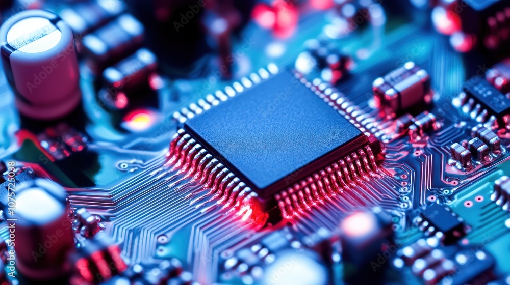 Poster a close-up of a microchip on a circuit board, illuminated by red lights.
