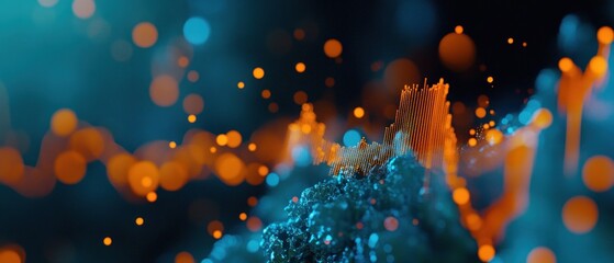 Abstract representation of vibrant crystals with glowing particles in a dark background.