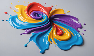 A vibrant splash of blue, yellow, purple, and red paint creates a swirling flower shape on a white surface