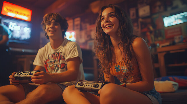 Two young friends playing retro video games and having fun in a cozy room with a nostalgic vibe.