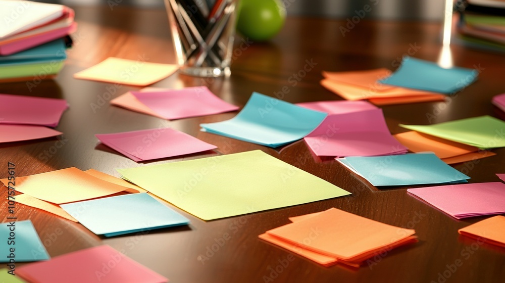 Poster a wooden table is covered with numerous post-it notes and features a vase with a green apple at its 