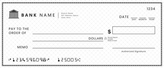 Empty money cheque. Bank check. check book template with pattern and blank fields. Currency payment coupon, US dollar check background